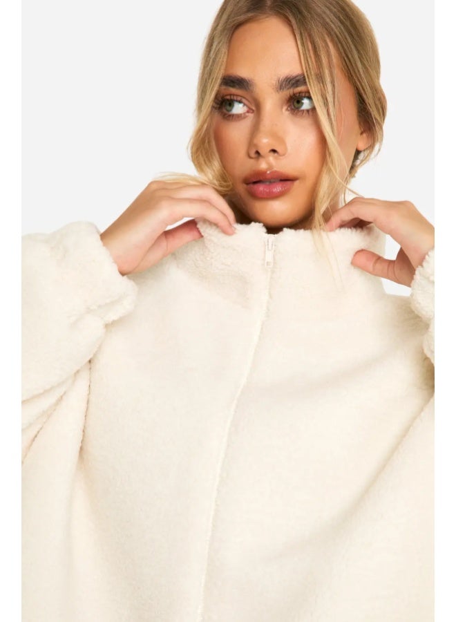 جاكيت تيدي للنساء، فرو صناعي ابيض كريمي، طول قصير، رقبة عالية، ملابس خارجية كاجوال شتوية - Image 3